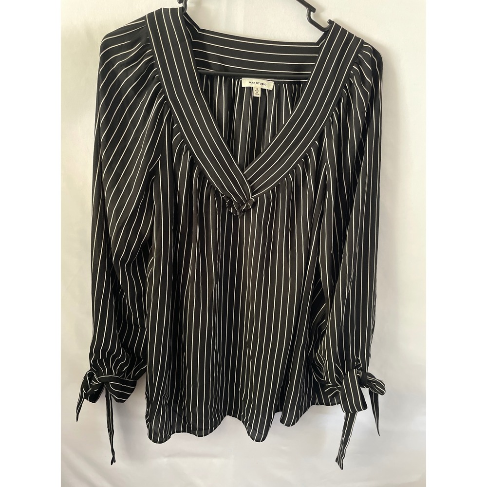 Max Studio Black White Striped V-Neck Blouse Tie Cuff Long Sleeve Small